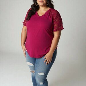 NWT Fuchsia Lace Sleeve V-Neck Top – Plus Size 2X -  Brand New in Packaging